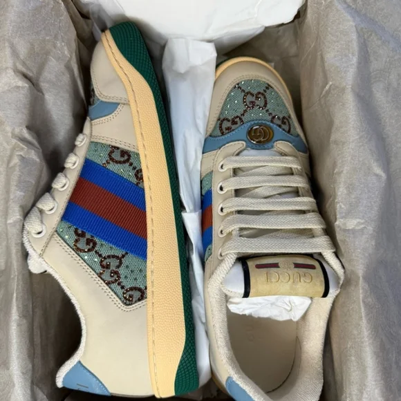 Gucci Crystal Embellished Cream and Blue Sneakers - Picture 4 of 11